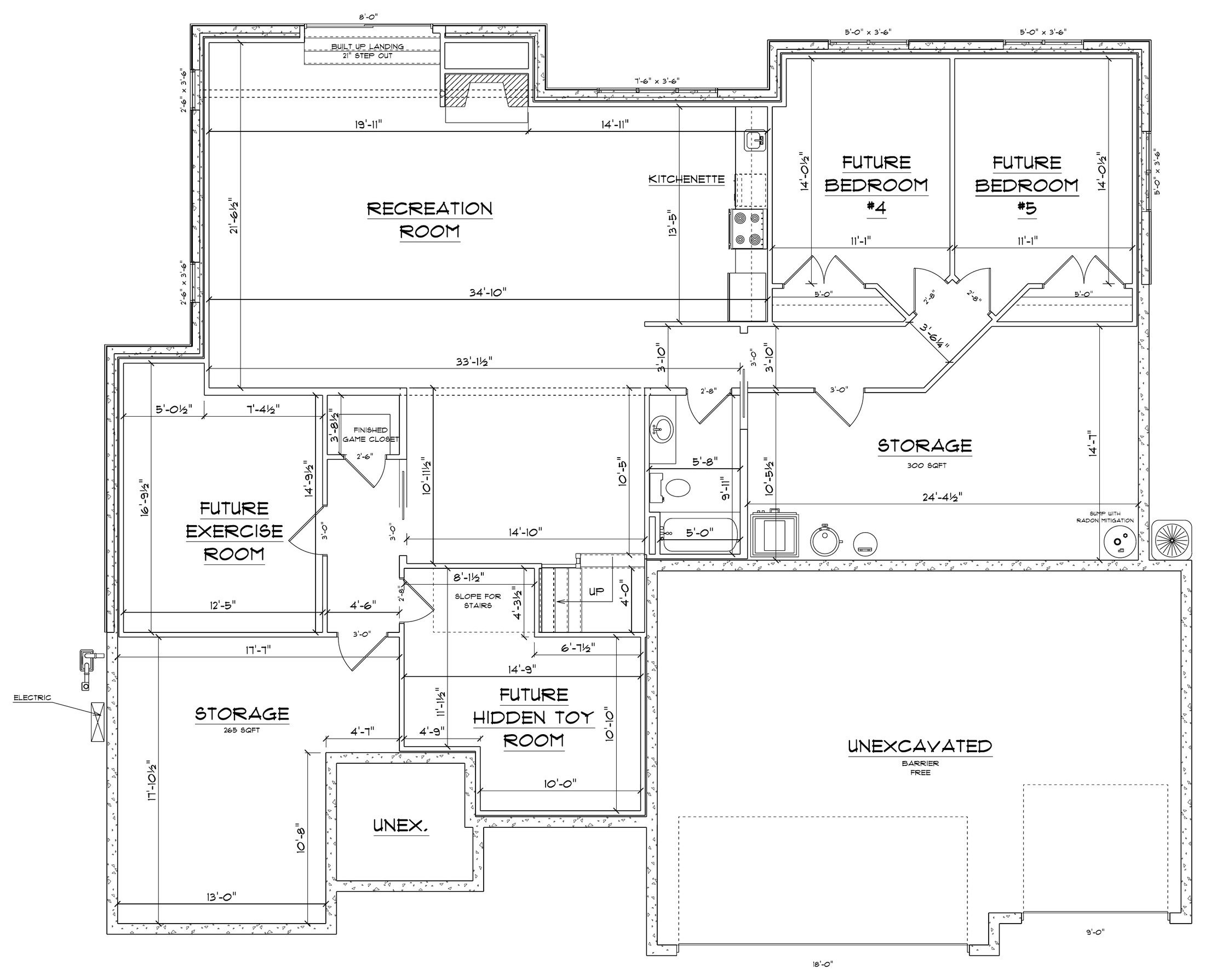 Lower level plan of 1403 Atlas Trail: recreation room with kitchenette, two bedrooms, exercise room, bath and storage
