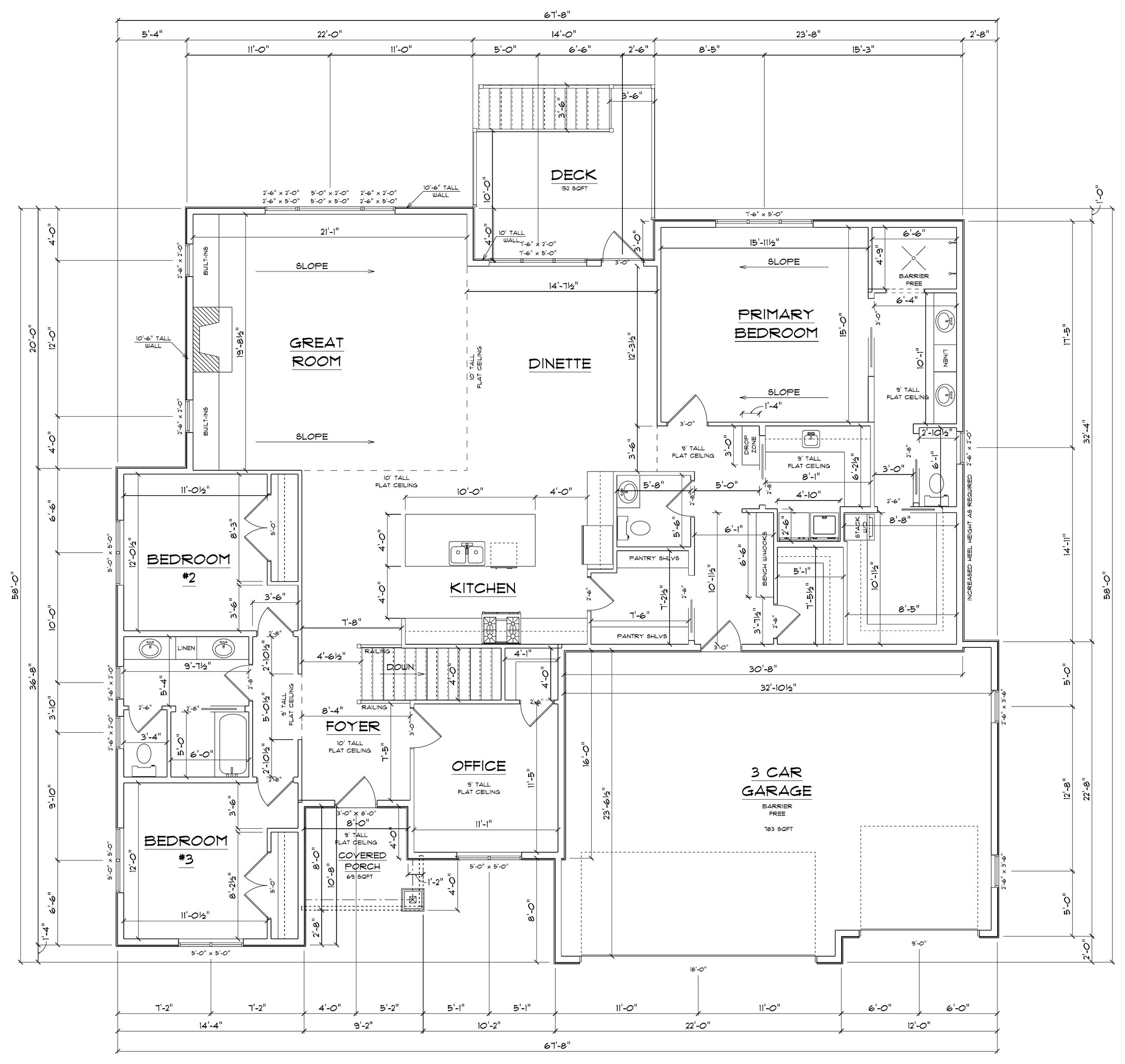 Main floor plan of 1403 Atlas Trail: great room, dinette, kitchen, primary suite, two bedrooms, office, foyer and three-car garage