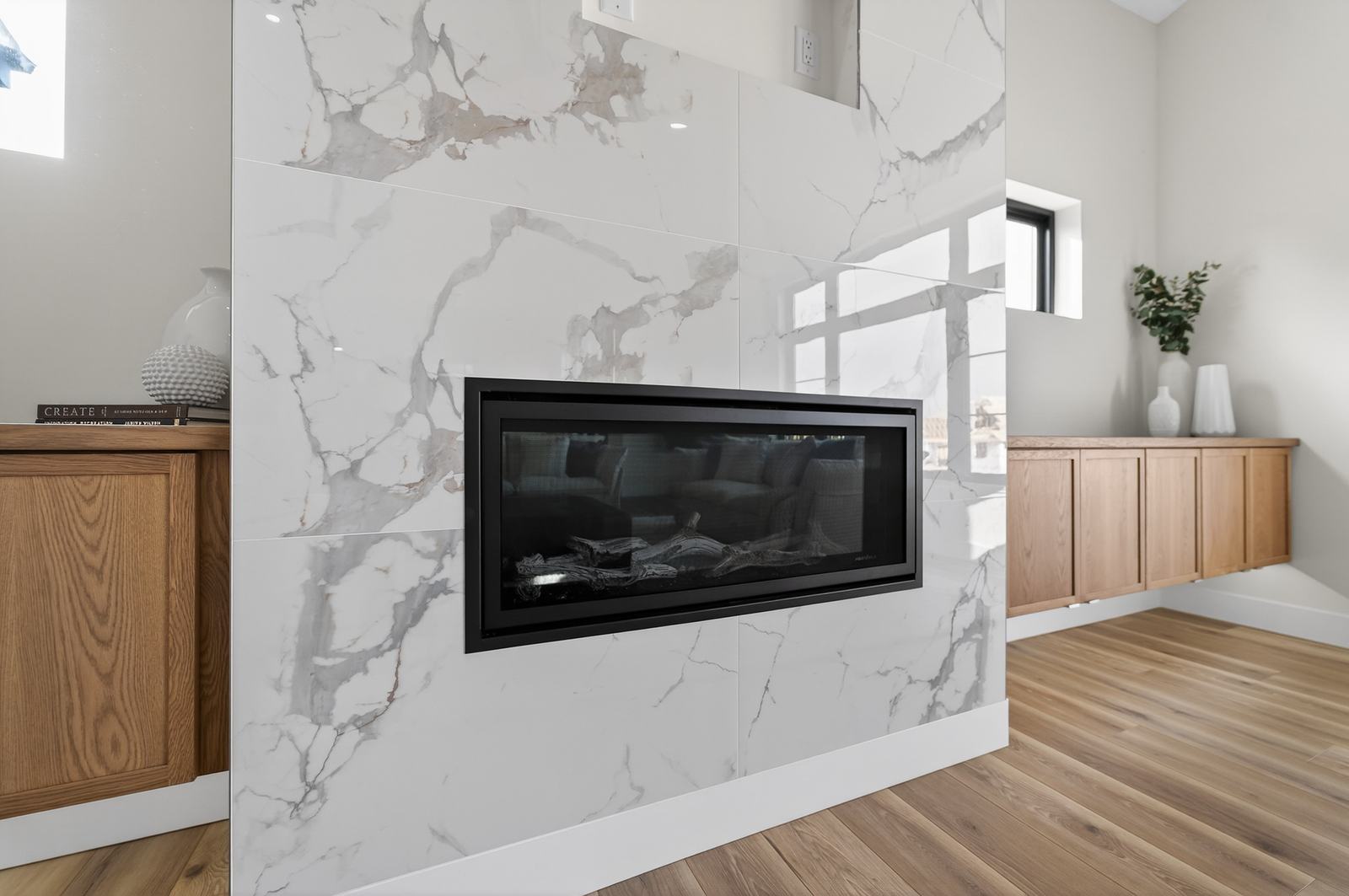 Floor-to-ceiling marble fireplace