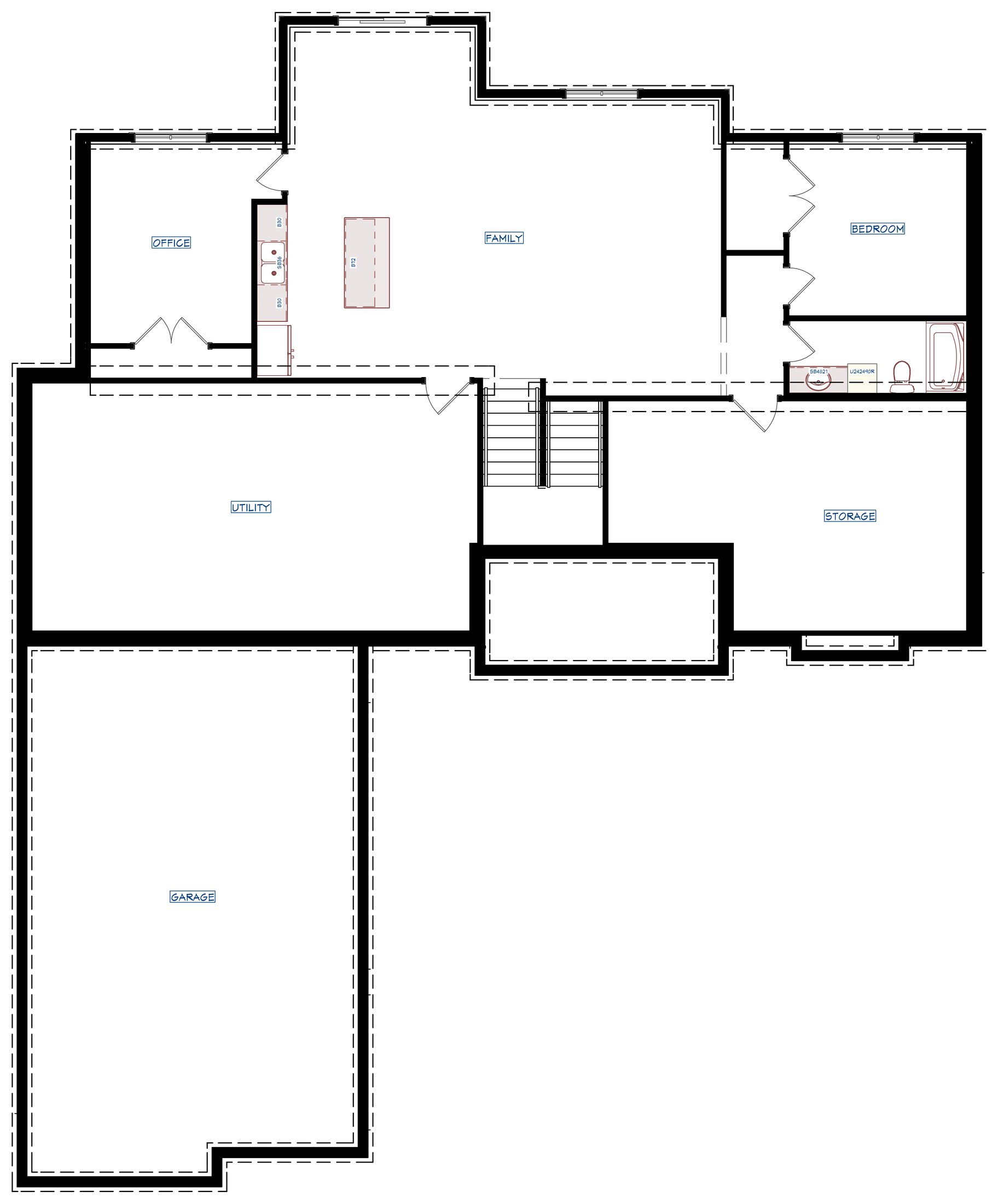 Lower level plan: family room with wet bar, bedroom, bath, office, utility and storage