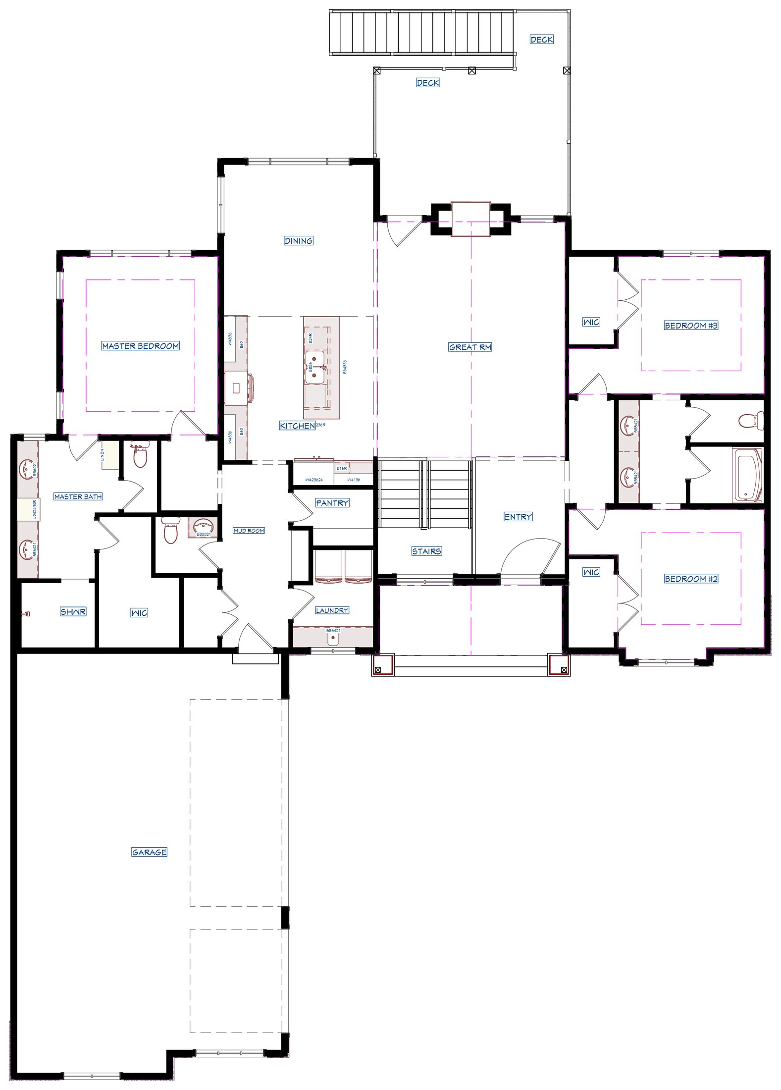 Main floor plan: great room, kitchen, dining, primary suite, two bedrooms, mudroom, laundry and three-car garage