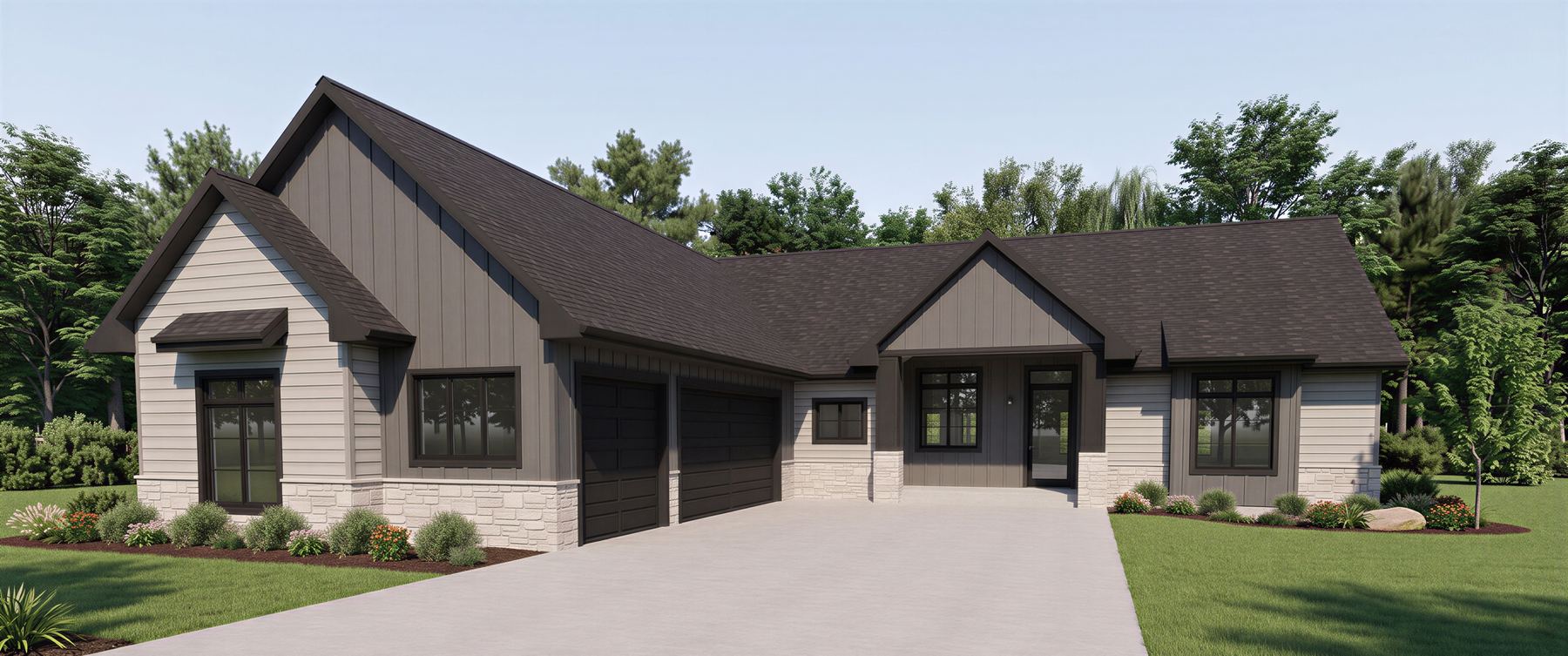 Rendering of the next Creating The Dream ranch home: taupe lap siding, charcoal board-and-batten gables, limestone wainscot and a three-car garage